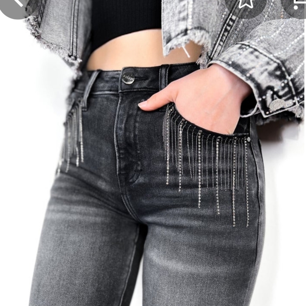 Risen Dark Grey High Rise Cropped Straight JEANS W/Embellishments|Size 11|NWOT